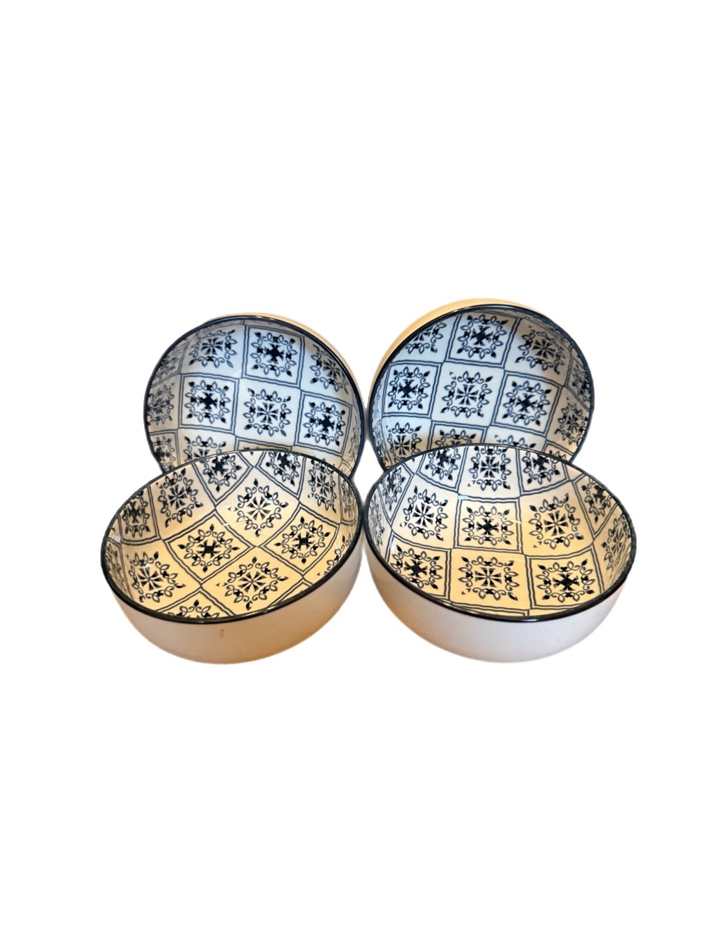 Orly Maison Bowls New York ~ Blue & White Square Pattern Geometric Set of 4